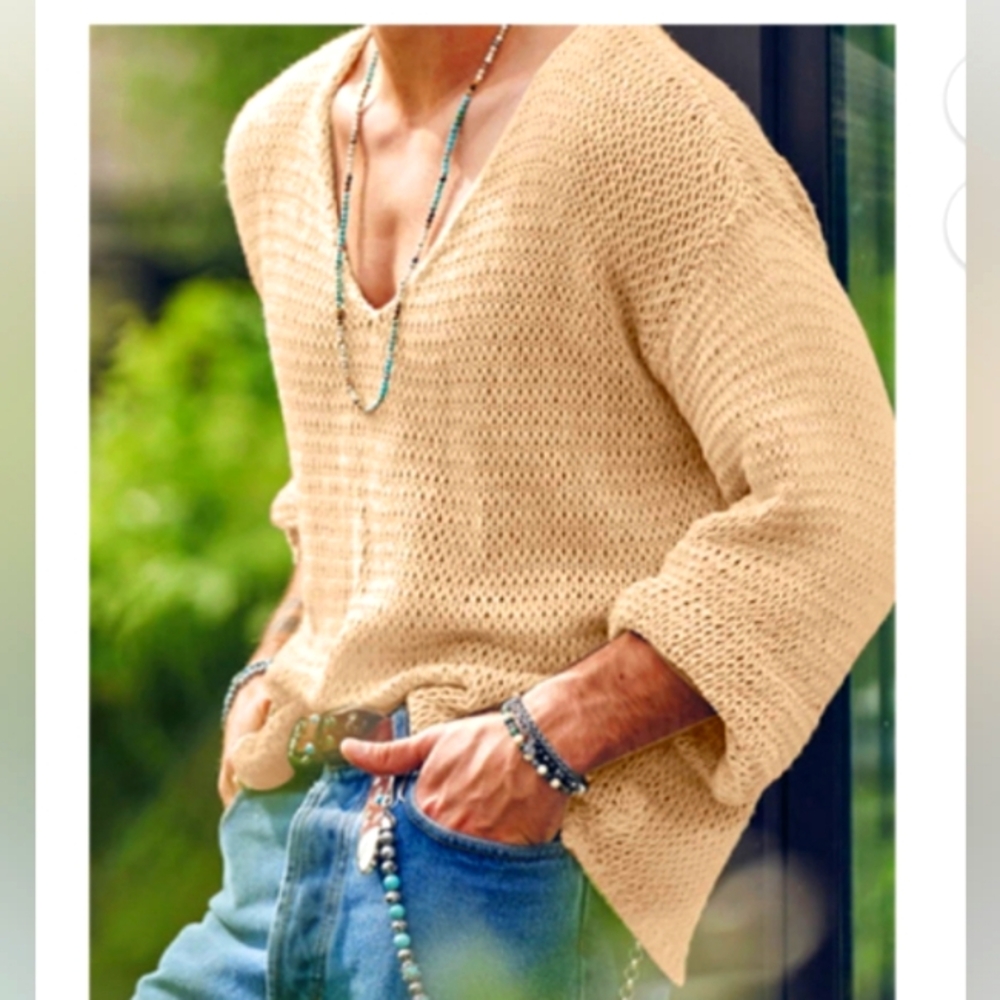 INCERUN Fashion Simple V-Neck Long Sleeve Thin Knitted Sweater Cream XL